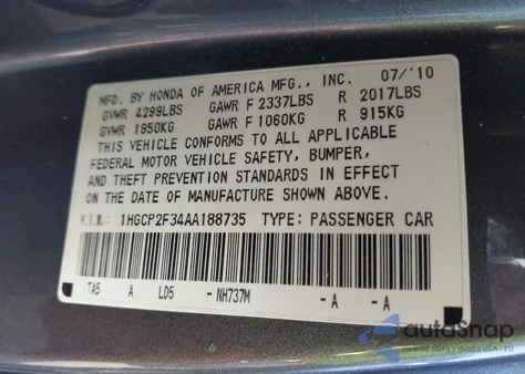 2010 Honda Accord 2.4 Lx z USA, uszkodzony, nr VIN 1HGCP2F34AA188735